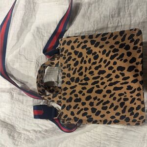 Stella & Dot Tan and Black Crossbody Bag with Leopard Print and Detachable Strap